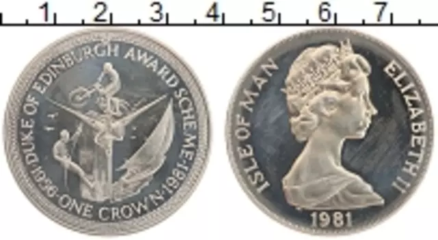 Монета крона Острова Мэн 1981 года Медно-никель Премия Герцога Эдинбургского - мотоспорт, альпинизм, парусный спорт
