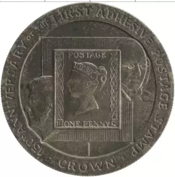 Монета крона Острова Мэн 1990 года Медно-никель 150 лет первой почтовой марке Черный пенни