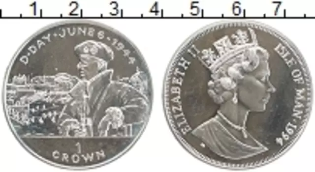 Монета крона Острова Мэн 1994 года Серебро 50 лет высадке в Нормандии 6 июня