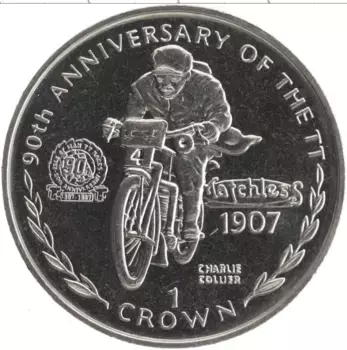 Монета крона Острова Мэн 1997 года Медно-никель `90 лет Мотогонкам ``Tourist Trophy`` - Чарли Коллиер