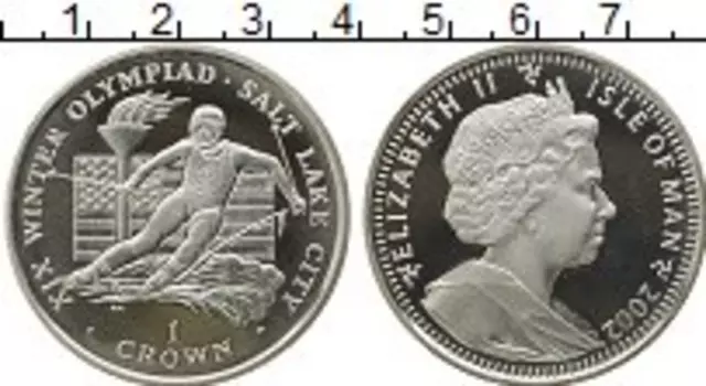 Монета крона Острова Мэн 2002 года Серебро Олимпийские игры, лыжи