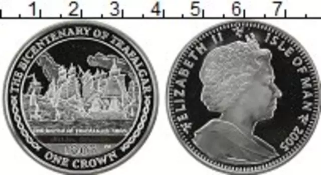 Монета крона Острова Мэн 2005 года Серебро 200 лет Трафальгарской битве