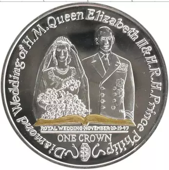 Монета крона Острова Мэн 2007 года Серебро 60 лет свадьбы Елизаветы II и Филиппа