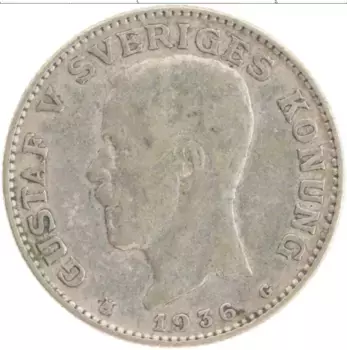Монета крона Швеции 1936 года Серебро Густав V