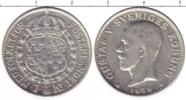 Монета крона Швеции 1939 года Серебро Густав V
