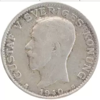 Монета крона Швеции 1940 года Серебро Густав V