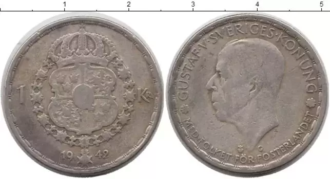 Монета крона Швеции 1942 года Серебро Густав V