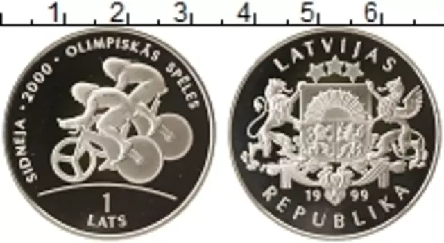 Монета лат Латвии 1999 года Серебро Сидней 2000