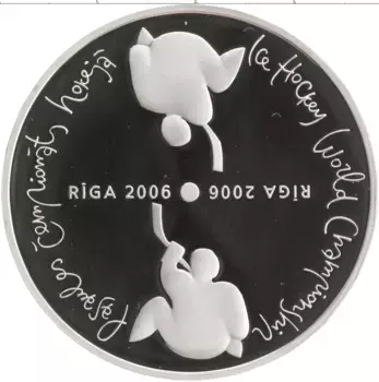 Монета лат Латвии 2006 года Серебро Чемпионат мира по хоккею в Риге