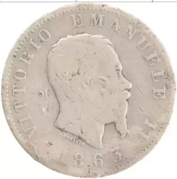 Монета лира Италии 1863 года Серебро Витторио Эммануил II