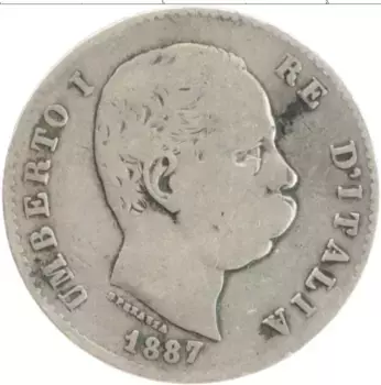 Монета лира Италии 1887 года Серебро Умберто I