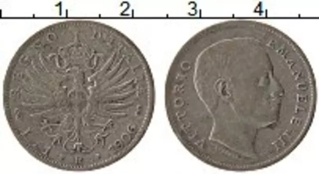 Монета лира Италии 1906 года Серебро Витторио Эммануил III