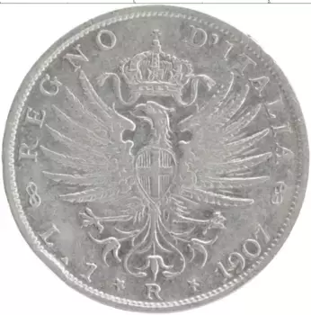 Монета лира Италии 1907 года Серебро Витторио Эммануил III