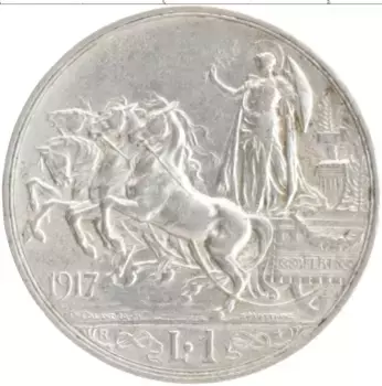 Монета лира Италии 1917 года Серебро Витторио Имануил III