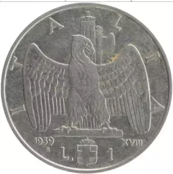 Монета лира Италии 1939 года Медно-никель Витторио Эммануил III