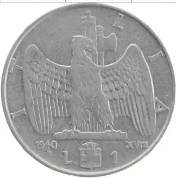 Монета лира Италии 1940 года Медно-никель Виктор Эммануил III