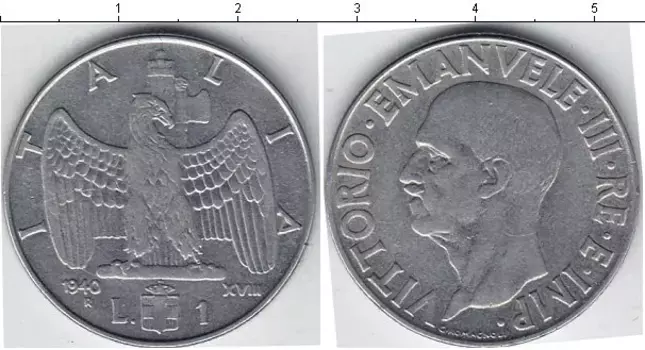 Монета лира Италии 1940 года Медно-никель Витторио Имануил III