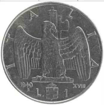 Монета лира Италии 1940 года Сталь Витторио Имануил III