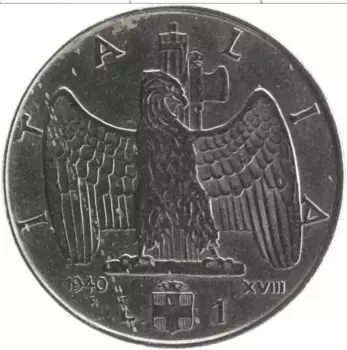 Монета лира Италии 1940 года Железо Витторио Эммануил III