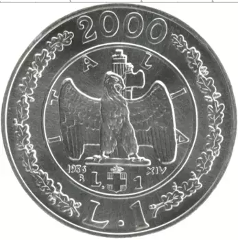 Монета лира Италии 2000 года Серебро История лиры - лира 1936 года