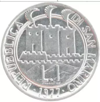 Монета лира Сан-Марино 1977 года Алюминий ФАО