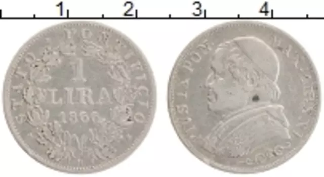 Монета лира Ватикана 1866 года Серебро Пий IX