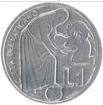 Монета лира Ватикана 1975 года Алюминий Павел VI