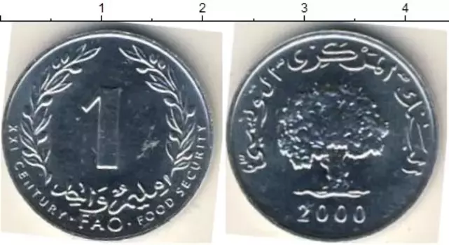 Монета миллим Туниса 2000 года Алюминий ФАО