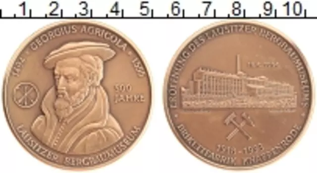 Монета Настольная медаль Дании 1993 года Бронза 500 лет Георгусу Агрикола