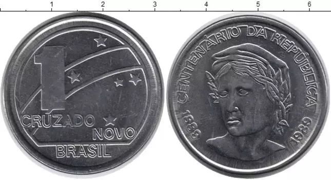 Монета ново крузадо Бразилии 1989 года Медно-никель 100-летие республики