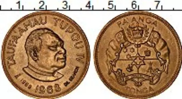 Монета паанга Тонги 1968 года Латунь Тауфа’ахау Тупоу IV, надчекан 1969 г