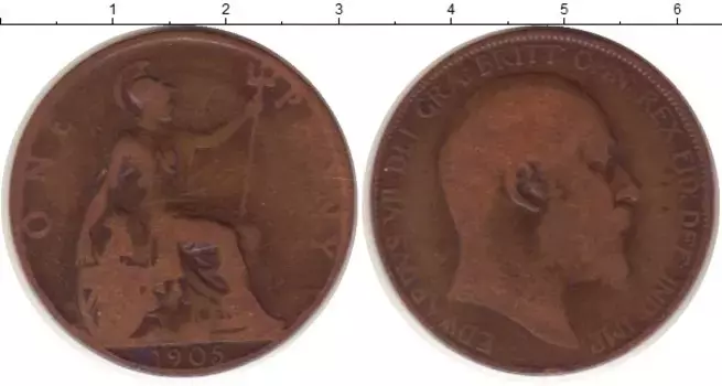 Монета пенни Англии 1905 года Медь Эдуард VII