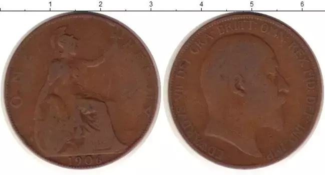 Монета пенни Англии 1906 года Медь Эдуард VII