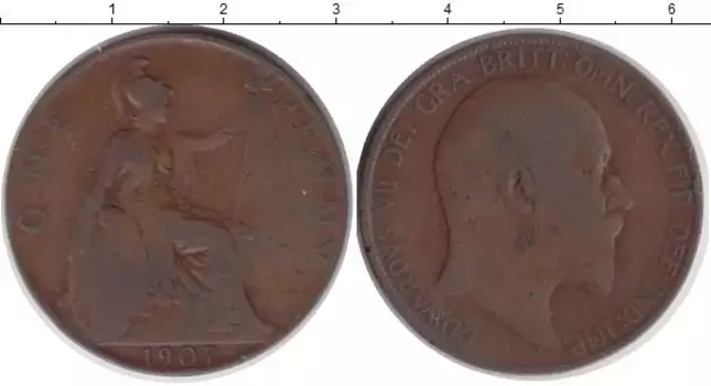 Монета пенни Англии 1907 года Бронза Англия, владычица морей - Эдуард VII