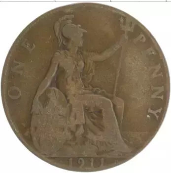 Монета пенни Англии 1911 года Бронза Георг V