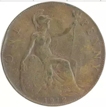 Монета пенни Англии 1912 года Бронза Георг V