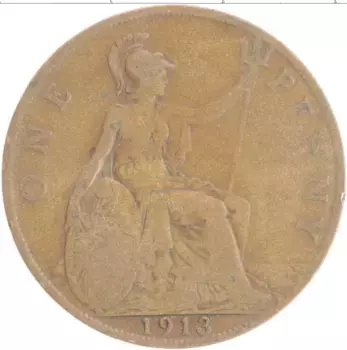 Монета пенни Англии 1913 года Бронза Георг V