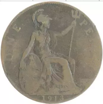 Монета пенни Англии 1913 года Бронза Георг V