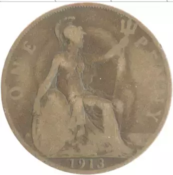 Монета пенни Англии 1913 года Бронза Георг V