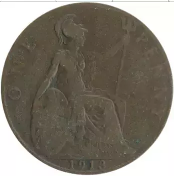 Монета пенни Англии 1913 года Бронза Георг V