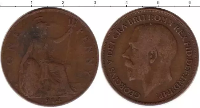 Монета пенни Англии 1914 года Бронза Георг V