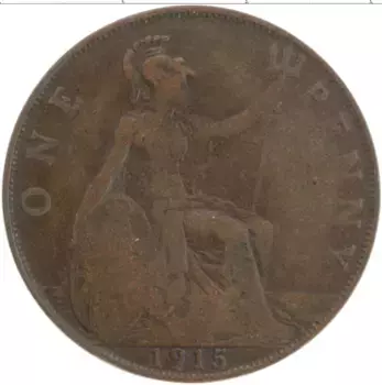 Монета пенни Англии 1915 года Бронза Георг V