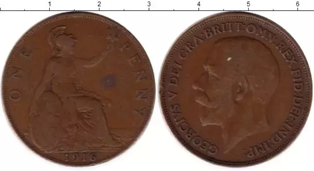 Монета пенни Англии 1916 года Бронза Георг V