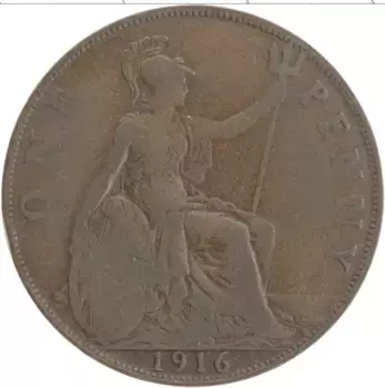 Монета пенни Англии 1916 года Бронза Георг V