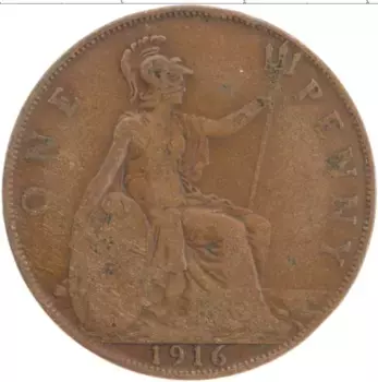 Монета пенни Англии 1916 года Бронза Георг V