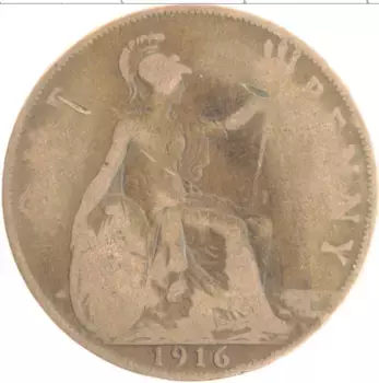 Монета пенни Англии 1916 года Бронза Георг V