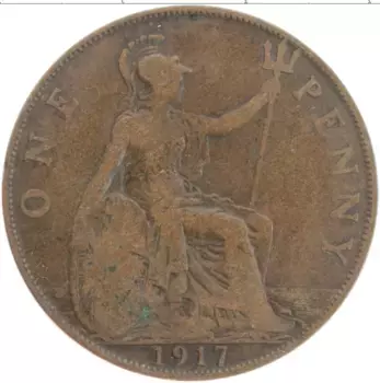 Монета пенни Англии 1917 года Бронза Георг V