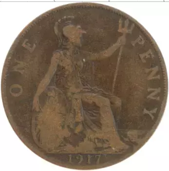 Монета пенни Англии 1917 года Бронза Георг V