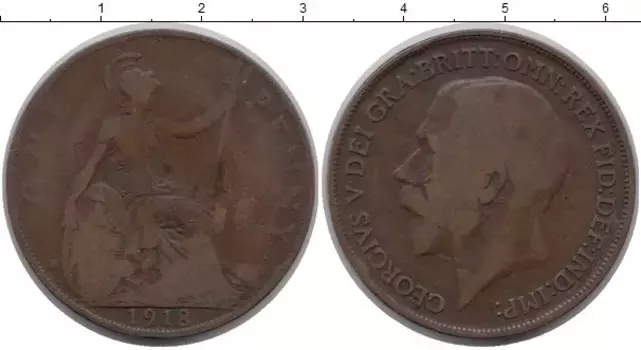 Монета пенни Англии 1918 года Бронза Георг V