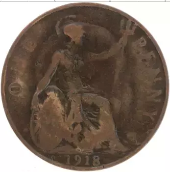 Монета пенни Англии 1918 года Бронза Георг V (м